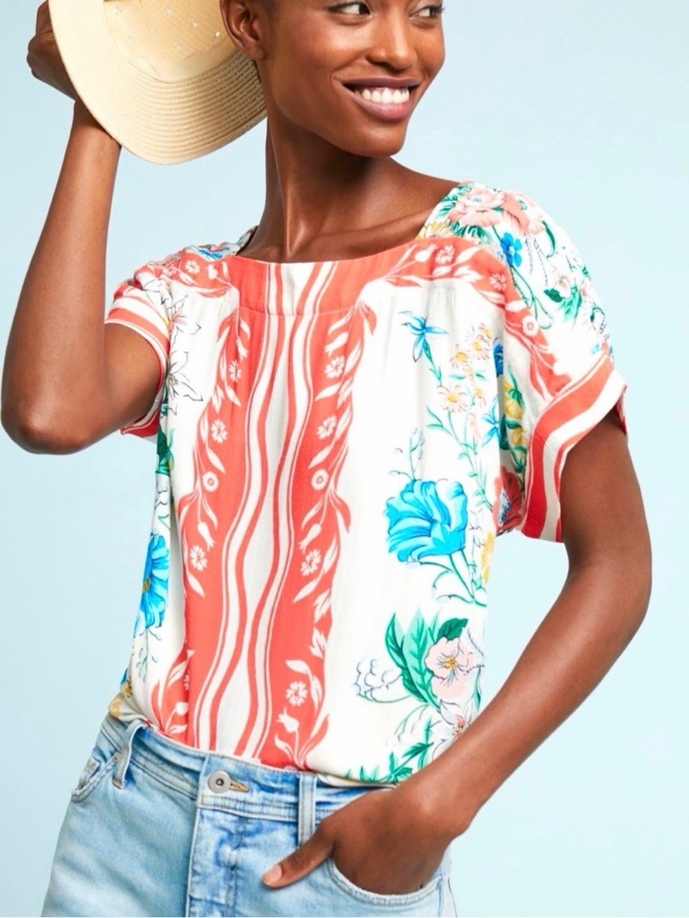 Anthropologie Maeve Romina Scarf-Printed Short-Sleeve Top Small